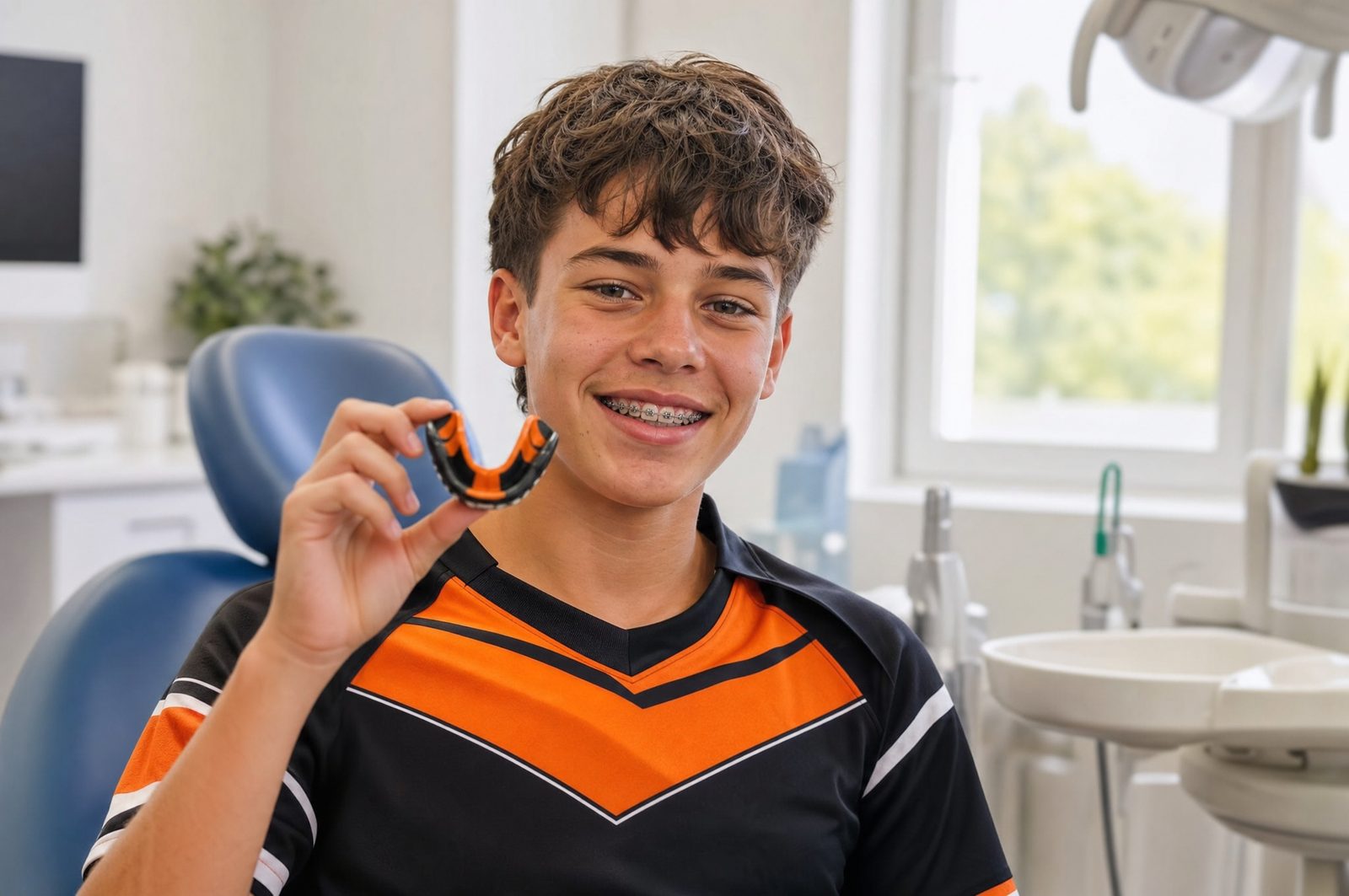 Young rugby league player with braces holding a custom FitGuard mouthguard