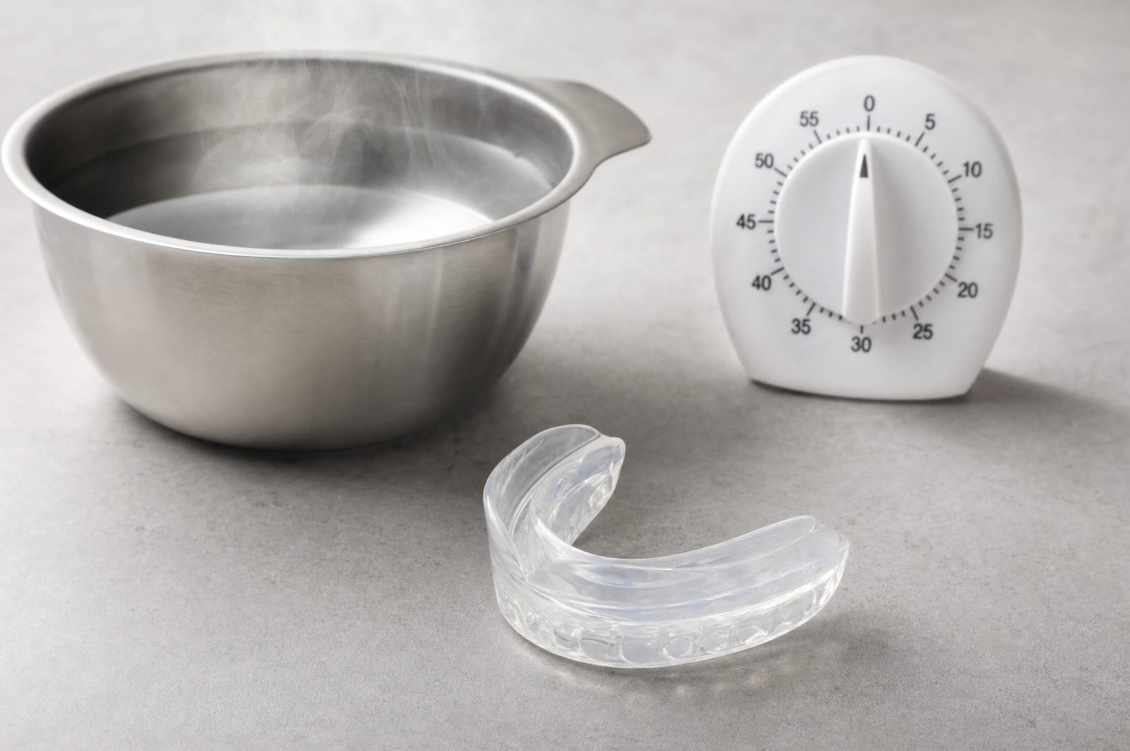 A generic boil-and-bite mouthguard beside a pot of hot water